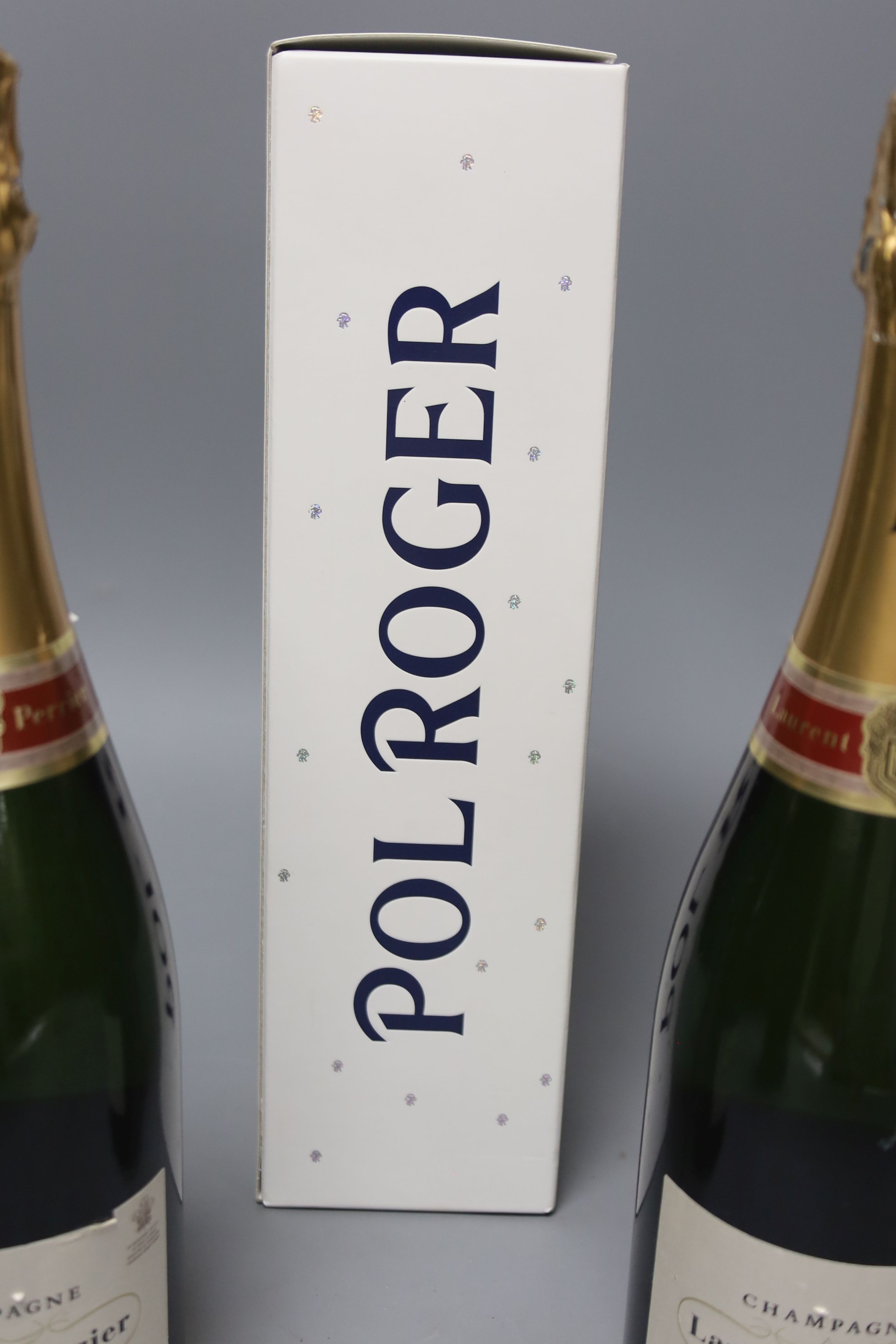 Six bottles of champagne, including Taittinger, Moet et Chandon, Pol Roger and Laurent Perrier